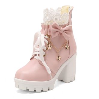 Generic Womens Lace-Up Chunky Heel Ankle Boots with Bow Detail,Lolita Style,Pink,7.5 UK