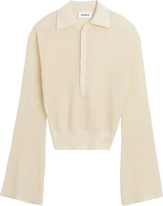 Soulland Doorschijnende Polo Jumper met Wijdvallende Mouwen - Dames - V-hals truien - Wit - S/M - Polyester - Truien & Vesten
