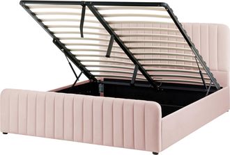Beliani Cama Con Almacenaje Elevable De Tela Acolchado Patas Metal 160 X 200 Cm Rosa Pastel Lunan