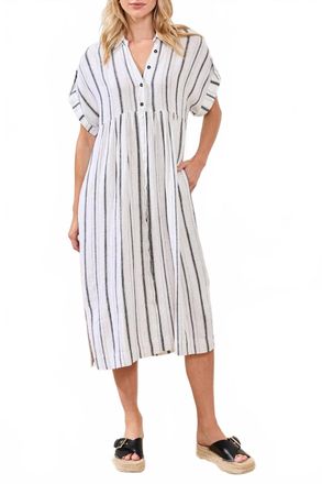 Tribal Soft Linen Button-Front Midi Dress In White Black