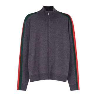 Gucci Fijn wollen jack met rits en Web - Heren - Truien - Grijs - Maat: L Wol