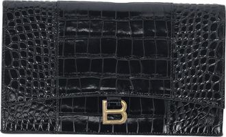 Balenciaga Pre-owned Womens Hourglass Croc-Embossed Flat Clutch Bag in Black Calf Leather - One Size