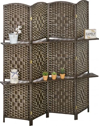 OEM Biombo Separador De Ambientes 4 Paneles 160x170 Cm Con 2 Estantes De Exhibici&oacute;n Pantalla De Privacidad Plegable Marr&oacute;n
