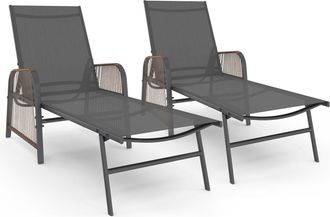 IDMarket Set Di 2 Lettini Da Giardino Reclinabili Rio In Acciaio Grigio Antracite, Corda In Rattan Con Braccioli E Tela Grigia
