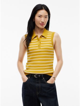 Tommy Hilfiger Womens Slim Fit Ribbed Sweater Vest Polo - Breton Stp Orn Yellow Frozen Cust - XXS
