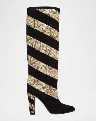 Valentino Garavani 100mm Rayons Snake-Printed Leather and Suede Knee-High Boots