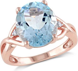 Amour 5 1/2 CT TGW Oval Blue Topaz and Diamond Twist Split Shank Cocktail Ring In Rose Plated Sterling Silver