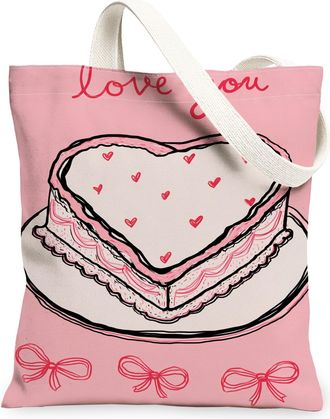 Generic ValentineS Heart Cake Canvas Tote Bags, Cute Dessert Print Reusable Grocery Bags, Lightweight Washable Shoulder Strap Canv, Peach, 13x15 Inch