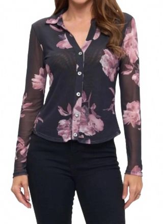 Ariella Floral Collared Mesh Top In Pink