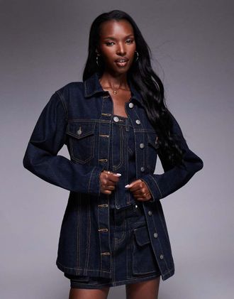 Liquor & Poker Giacca di jeans lavaggio scuro stretta in vita-Blu