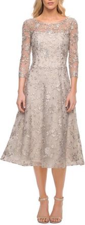 La Femme Tea Length Dress with Full Skirt in Lace in Pearl Silver at Nordstrom, Size 12