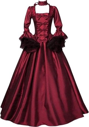 Generic Renaissance Medieval Costume Vitorian Floor Lace Halloween Party Masquerade Long Prom Ball Gown Outfit (28 Red, L)