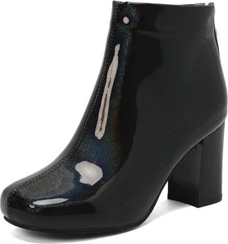Generic Womens Square Toe Patent Leather Ankle Boots with Chunky Block Heel & Back Zipper, Autumn/Winter Style,Black,6.5 UK