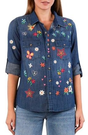 BILLY T Sketchbook Embroidered Button-Up Shirt in Dusk Denim at Nordstrom, Size X-Small
