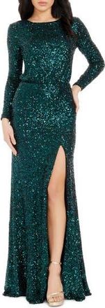 Dress The Population Mischa Sequin Side Slit Long Sleeve Gown in Deep Emerald at Nordstrom Rack, Size Small