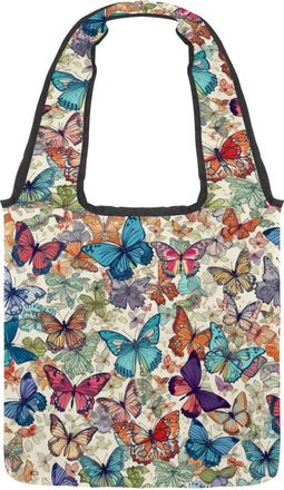 Generic Vintage Butterflies Flowers Reversible Canvas Shoulder Tote - Double-Sided Print, 12oz Cotton, 27cm Drop, Fold-Flat Bag for Travel, Shopping, Street O