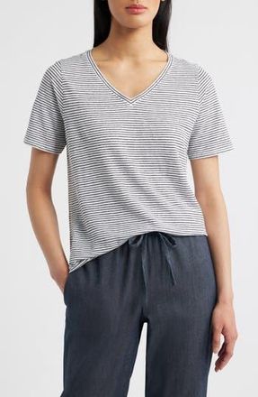 Eileen Fisher Stripe V-Neck Organic Linen T-Shirt in White/Black at Nordstrom Rack, Size Small