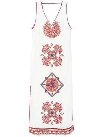 Farm Rio Marys Tiles Richelieu midi dress - women - Cotton/European Flax Certified Linen - L - White