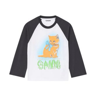 Ganni Tops, Dames, Wit, XS, Katoen, Witte Kat Grafische Baseball Tee