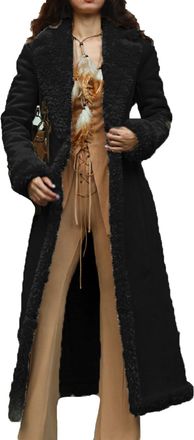 Generic Womens Long Winter Suede Coats,Faux Suede Shearling Fleece Lined Long Sherpa Coat,Open Front Overcoat Lapel Jacket (Black,M)