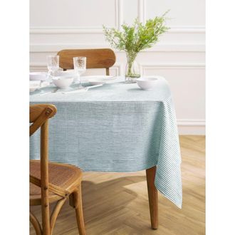 Solino Home Linen Tablecloth for Dining Table, Holiday and Everyday Table Decor - Narrow Stripe in Rainforest And White at Nordstrom, Size X-Large
