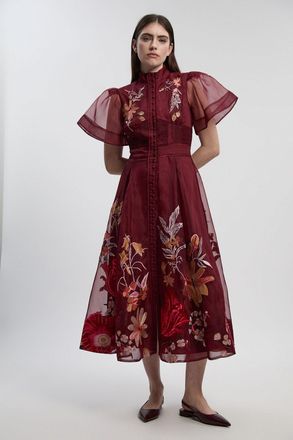 Karen Millen Womens Botanical Embroidery Organdie Angel Sleeve Midi Dress - Purple - Size 12 UK
