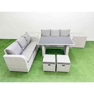 Fimous 8 Seater Rattan Outdoor Dining Table 3 Seater Sofa Set with 2 Side Tables 2 Small Stools Light Grey - Fimous