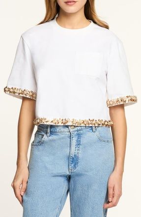 Cinq &agrave; Sept Asa Sunflare Crystal Floral Detail Cotton Top in White at Nordstrom, Size X-Small