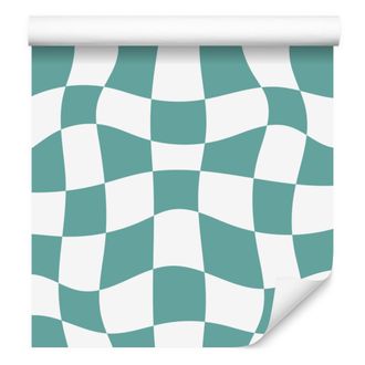 OEM Carta Da Parati Casual A Scacchiera Nei Toni Del Mare, Bianco, Menta E Turchese, 50x1000 Cm