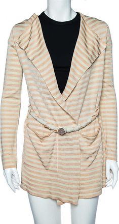 Emporio Armani Beige Striped Knit Belted Cardigan