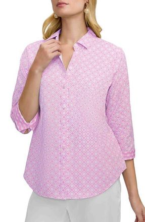 Foxcroft Margie Geo Lattice Three-Quarter Sleeve Button-Up Shirt in Pink/White at Nordstrom, Size Large