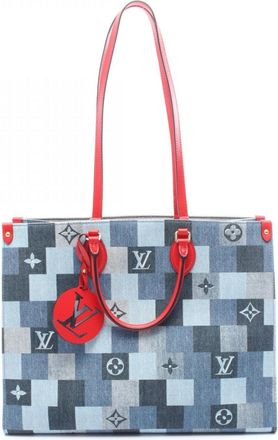 Louis Vuitton Navy Red Color Denim Leather Tote Bag (Pre-Owned)