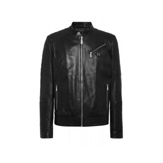 Philipp Plein Gewatteerde Leren Moto Bomber - Heren - Leren en Su&egrave;de Jassen - Zwart - L - Leer - Jassen