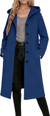 Generic Long Trench Coats for Women Casual Winter Jackets with Hood Single-Breasted Longline Wool Coat Ladies Elegant Classic Solid Plain Warm Hooded Overcoat