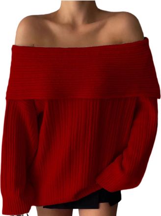 Generic Womens Sweaters Off The Shoulder Jumper for Womens Plus Size Pullover Long Sleeve Tops Casual Loose Sweater Comfy Cozy Top Knitwear Oversized Y2k Clot