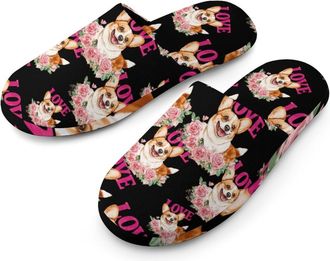 Generic Valentines Day Corgis Dog Love Flannel Mens Slip-on Slippers Winter Warm House Shoes with Rubber Sole for Home Hotel