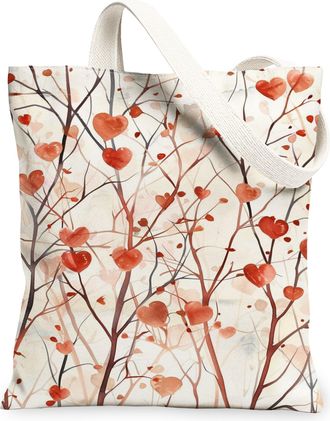 Generic Hearts Floral Canvas Tote Bags, Vintage Romantic Pattern Reusable Grocery Bags, Lightweight Washable Shoulder Strap Canvas, Red, 13x15 Inch