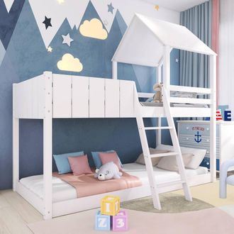 Merax 3 FT Wooden House Bunk Bed Mid Sleeper Bed with Canopy & Ladder in White | Size: Single