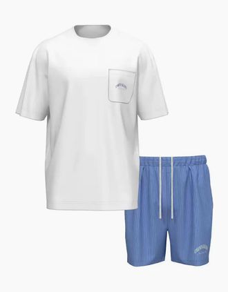 Calvin Klein Mens Heritage Crest T-Shirt & Woven Shorts Pyjama Set, White/Blue - Size: L