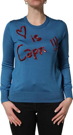 Dolce & Gabbana Womens Sequined Crewneck Sweater Blue Silk