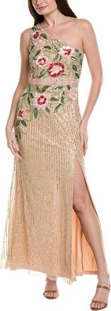 Adrianna Papell One-Shoulder Floral Sequin Bead Gown