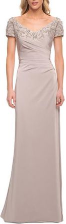La Femme Short Sleeve Evening Dress with Beaded Neckline in Silver at Nordstrom, Size 10