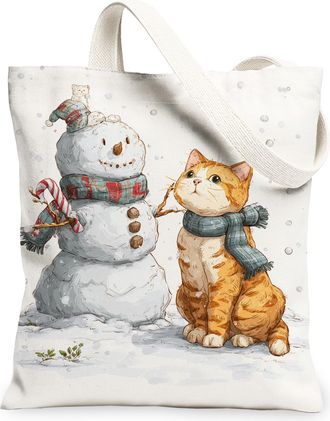 Generic Winter Cat and Snow Man Canvas Tote Bags, Cute Animal Scene Reusable Bags, Lightweight Washable Shoulder Strap Canvas for Shopping Beach Picnic 13x15 