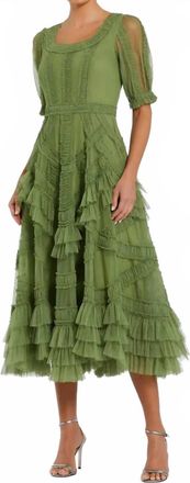 Mac Duggal Ruffle Midi Dress In Moss Green