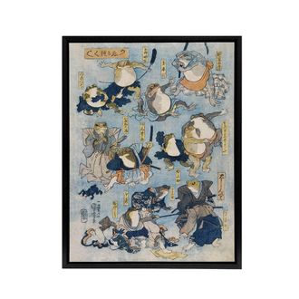 Artery8 Kabuki Famous Heroes Played by Frogs Kuniyoshi Framed Canvas Wall Art in Blue | Size: W24 x H32