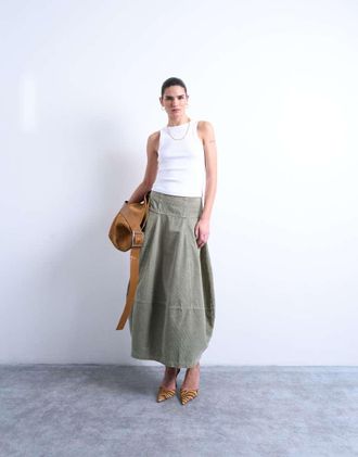 Topshop Gonna lunga bombata in velluto a coste color salvia con cuciture-Verde