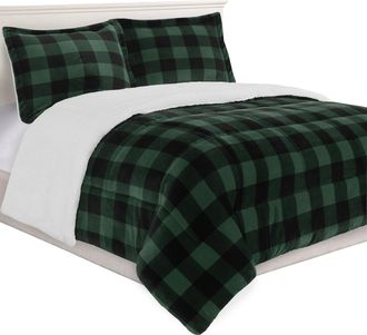 Elegant Comfort 3-Piece Buffalo Micro-Suede Reversible Sherpa - Lodge-Plaid Pattern Comforter Set