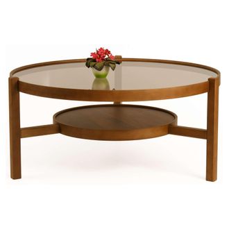 Dmora Mesa De Centro Olzai, Un Compartimento, Tapa De Vidrio Templado, Forma Redonda, 100x100x48h Cm Marr&oacute;n Nogal