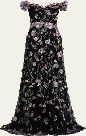 Teri Jon Embroidered Off-Shoulder Tulle Gown