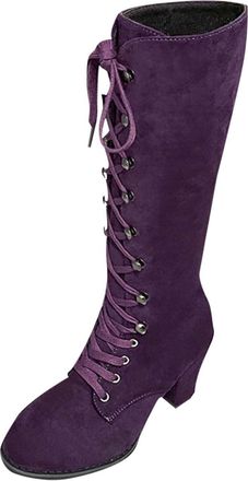 Generic Knee High Boots for Women Lace Up Womens Suede Mid-Calf Boot Gothic Cosplay Lolita Ankle Boots Casual Stylish Lace Up Thick High Heels Retro Comfortab